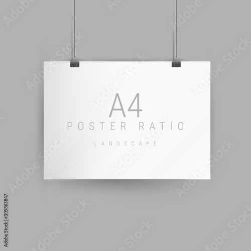 Horizontal poster mockup. Empty A4 sized paper frame hanging with paper clips. Vector illustration
