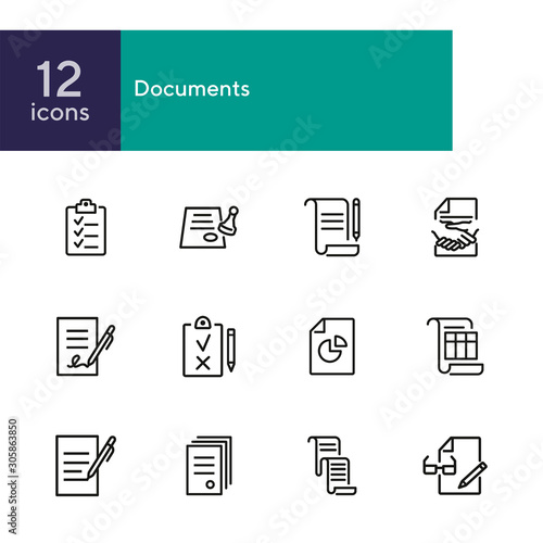 Documents line icon set. Set of line icons on white background. Office concept. Contract, report, clipboard. Vector illustration can be used for topics like office job, meeting, postal