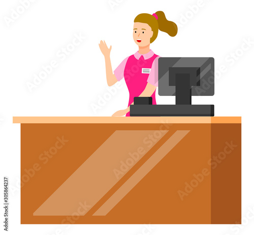 Shop service isolated cashier wearing uniform standing by desk. Female character with computer at counter top. Store worker at job. Staff on market taking money vector in flat style illustration