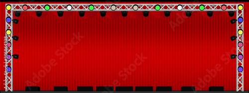 theater or concert stage with red curtain and structure steel and many color spotlight and speaker monitor. for party varity. vector illustration eps10