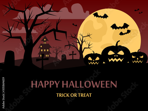 Happy Halloween background with a picture of a pumpkin, the night sky, the moon and the atmosphere of Halloween. Night silhouettes of bats on a background of the full moon. Vector illustration.