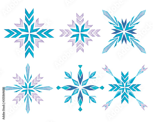 Set of watercolor snowflakes drawn by hand. For the design of clothes, fabrics, textiles, covers, scrapbooking, greeting cards, wrapping paper, poster