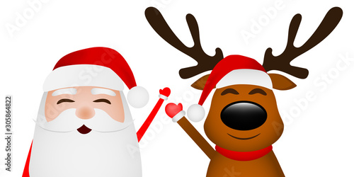 Cartoon funny santa claus and reindeer waving hands isolated on white