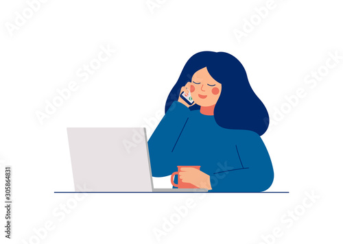 Young woman working on laptop computer and talking on mobile phone. Happy freelance worker at home. Vector flat cartoon illustration