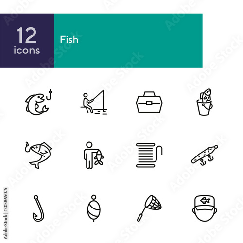 Fishing icon. Set of line icons on white background. Fish, catch, angling, harpoon. Fisherman concept. Vector illustration can be used for topics like leisure, recreation, hobby