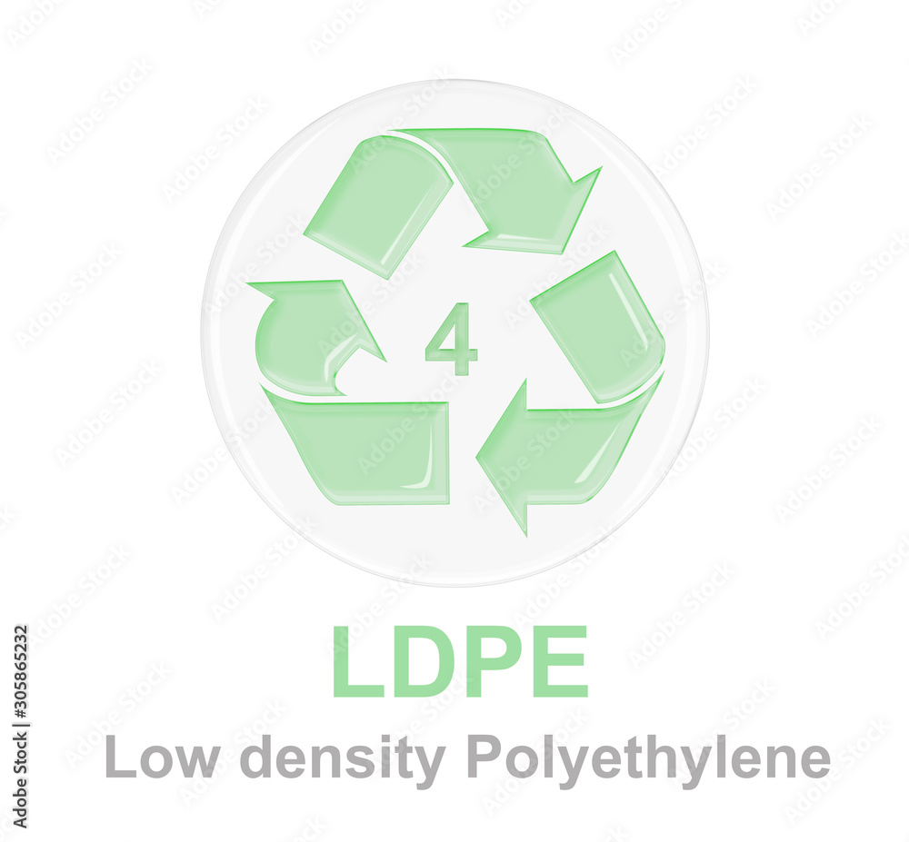 plastic recycle symbol with green glossy glass on transparent round glass. plastic recycle number 4 for LDPE plastic recycle symbol with green glossy glass on transparent round glass. plastic recycle number 4 for LDPE