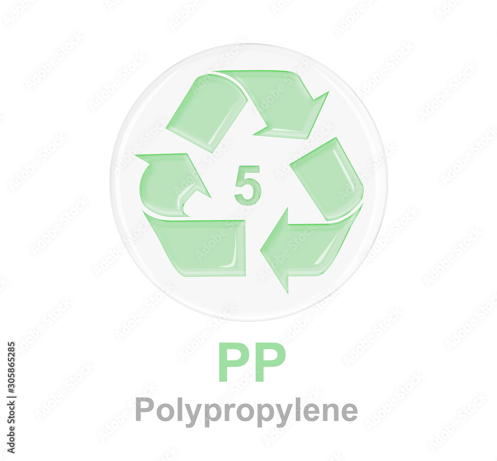 plastic recycle symbol with green glossy glass on transparent round