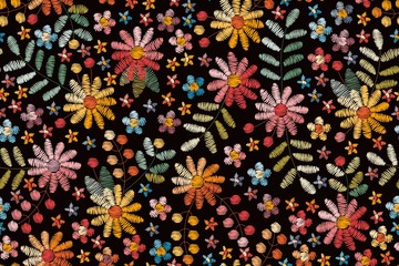 Papier peint photo Style bohème Broderie florale estivale fond noir  © Happy Dragon