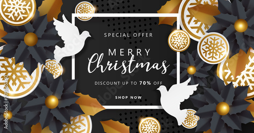 Merry Christmas with Paper Flower and golden ornaments.