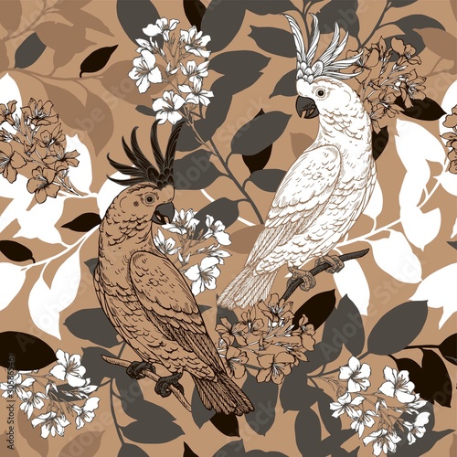 Seamless vector pattern with funny cockatoo parrots on tree branches. Bright background with birds and flowers