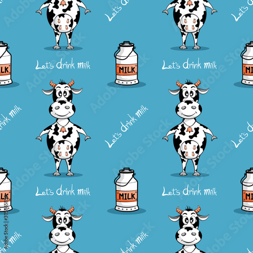 Seamless pattern cow cartoon and milk bucket on blue-green background.  Concept of Let's drink milk. vector illustration flat design. Stock Vector  | Adobe Stock
