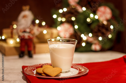 Gingerbread cookies and a glass of milk for Santa Claus on the background of a Christmas garland and a wreath of pine needles