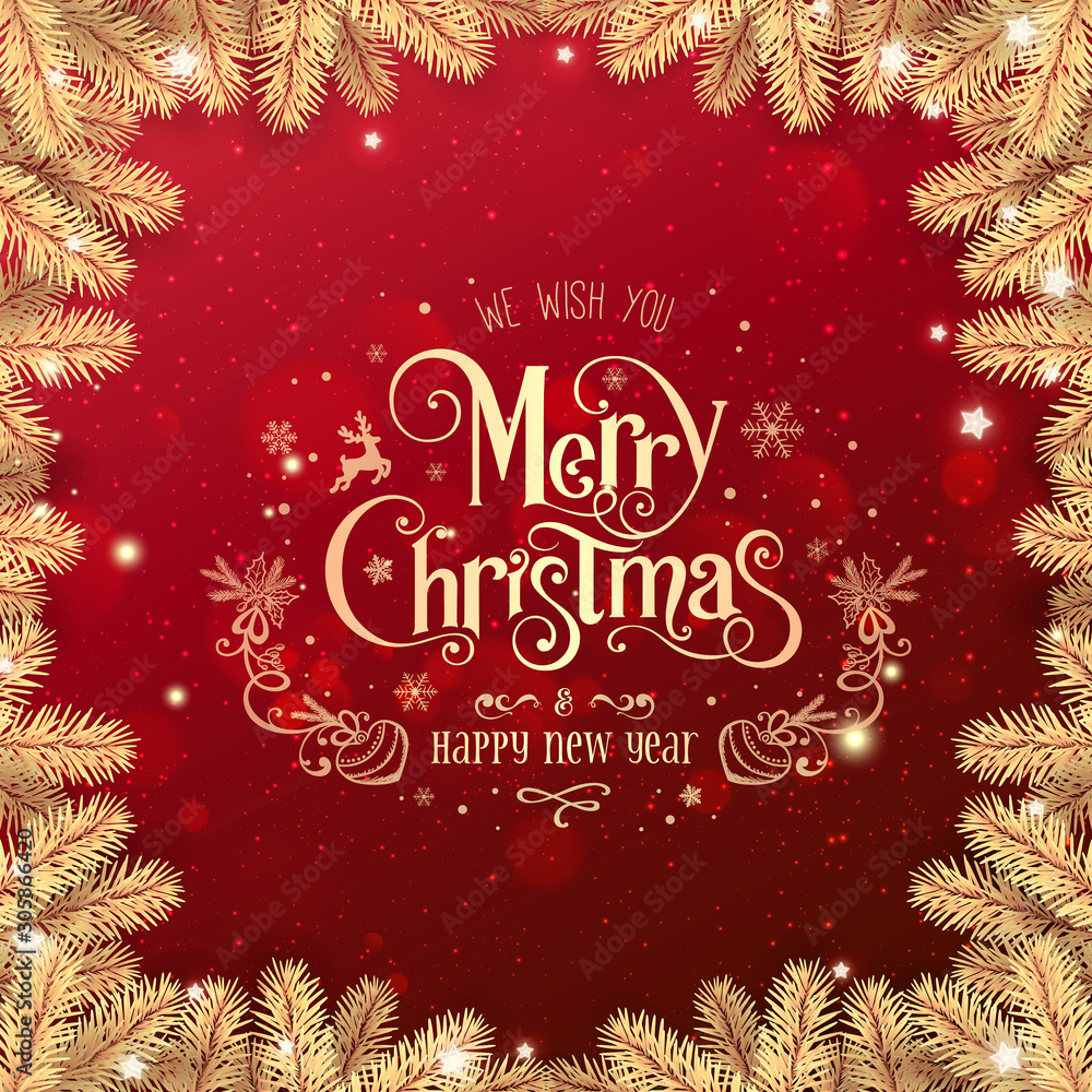 Gold Christmas and New Year Text on red Xmas background with gold fir  branches, light, stars, bokeh. Merry Christmas and Xmas card. Happy New  Year, top view, realistic vector Stock Vector |