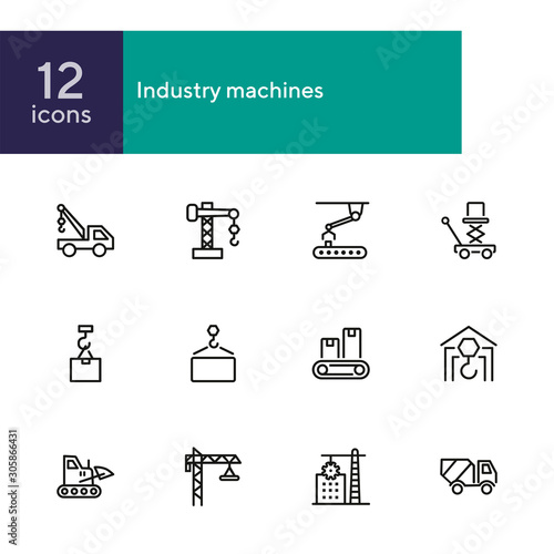 Industry machines line icon set. Concrete mixer, crane, site. Machinery concept. Can be used for topics like construction, robotic science, technology
