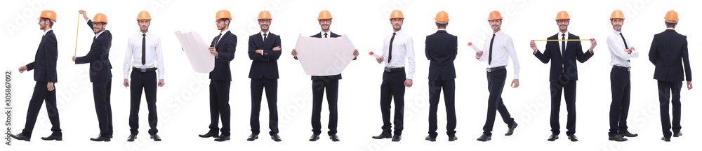 panoramic photo collage of confident architect isolated on white panoramic photo collage of confident architect isolated on white