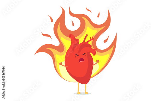 Cartoon heart character burning with passion love and suffering from unrequited feelings. Human internal organ in flame. Conceptual romantic symbol vector illustration