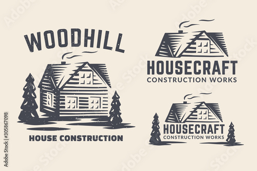 Vector logo with a small house and trees. Logo for a house repair, construction and building.