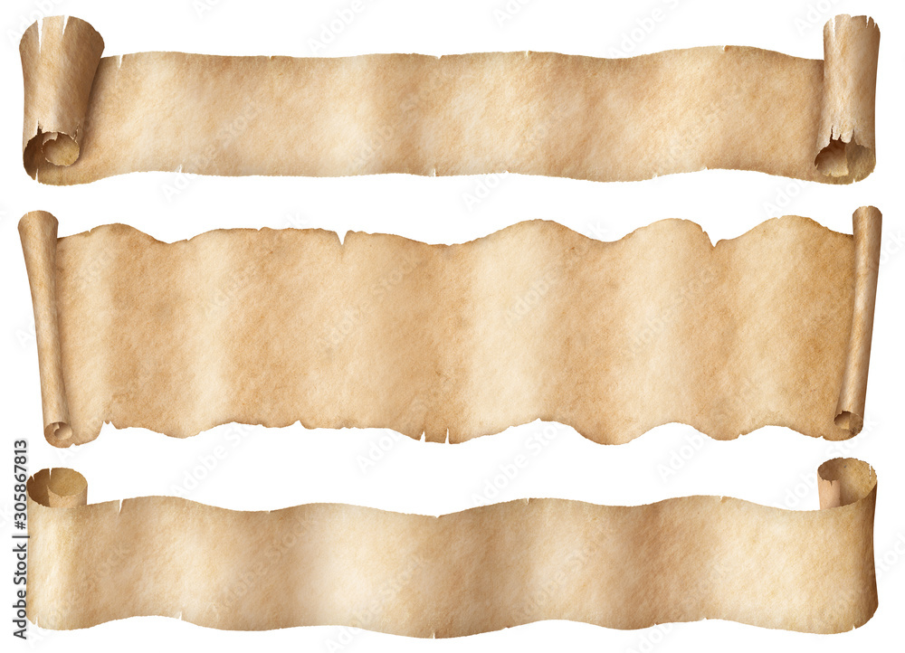 Wide parchment scrolls or old paper banners set isolated on white
