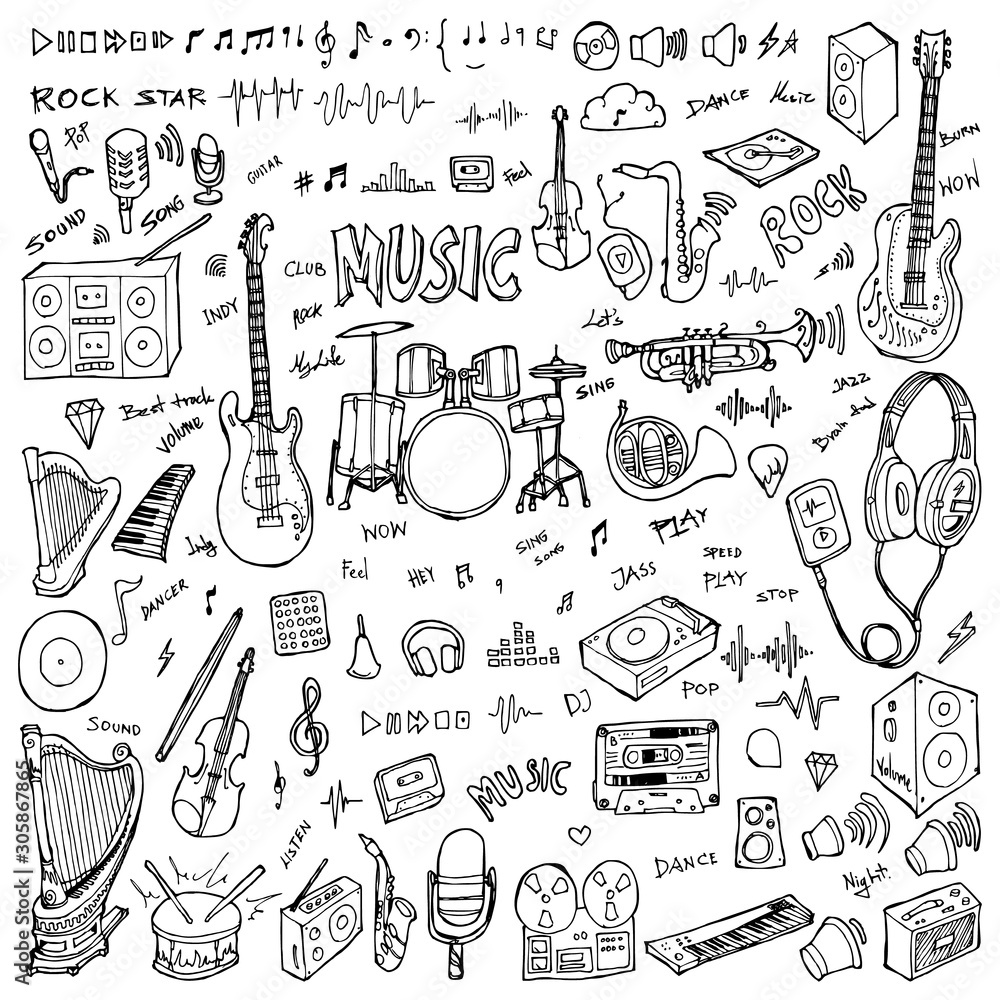 Set of Music Drawing illustration Hand drawn doodle Sketch line vector  eps10 Stock Vector | Adobe Stock