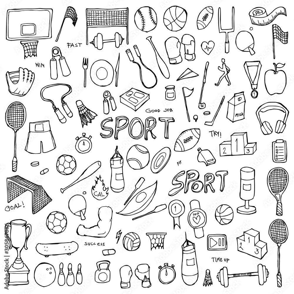 Fototapeta Set sporta Rysunkowa ilustracyjna ręka rysujący doodle nakreślenia linii wektor eps10
