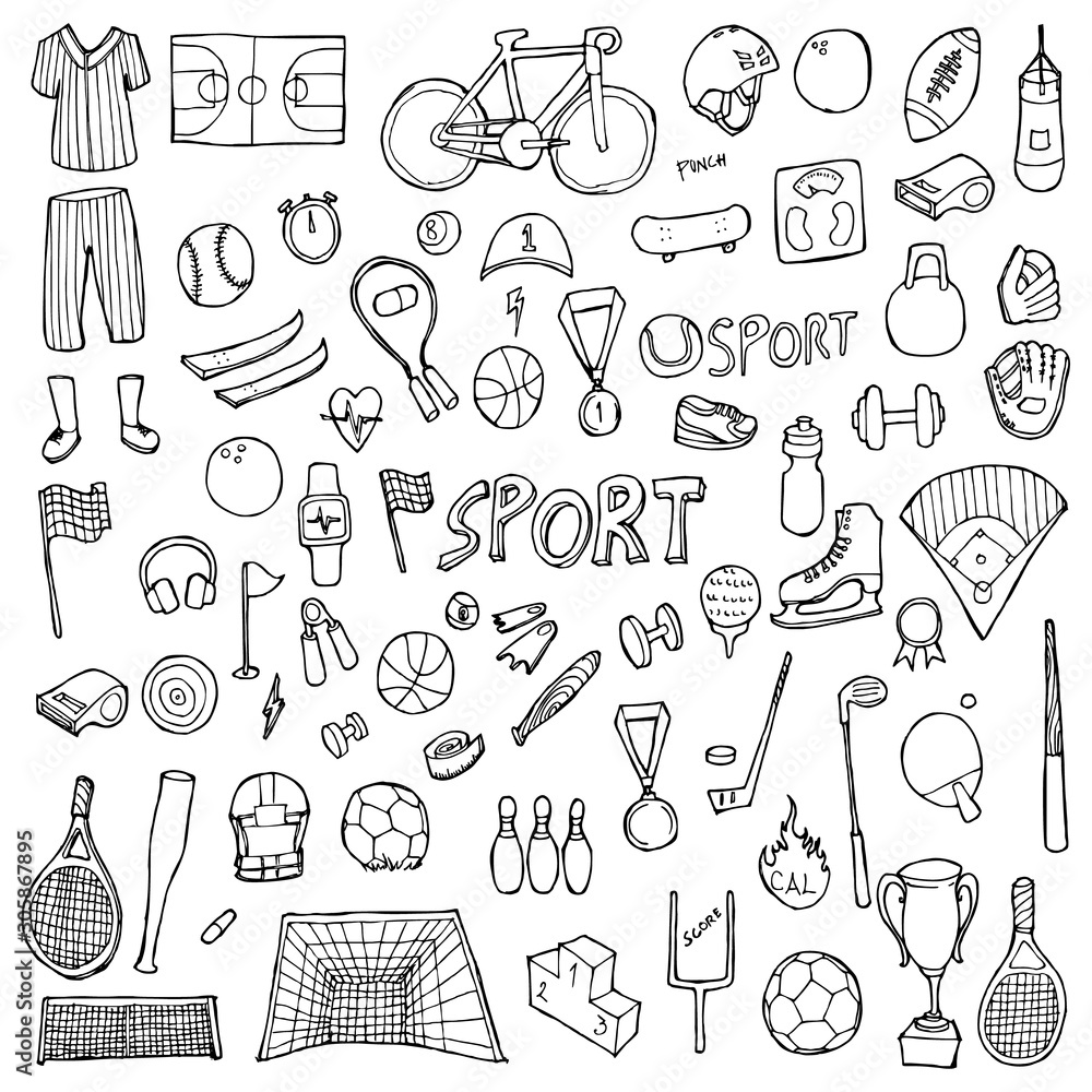 Zestaw Sport Rysunek ilustracja Ręcznie rysowane doodle szkic linii wektor eps10 <span>plik: #305867895 | autor: veekicl</span>