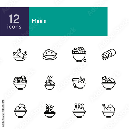 Meals line icon set. Bowl, chicken, Chinese noodle. Food concept. Can be used for topics like cooking, restaurant, dinner