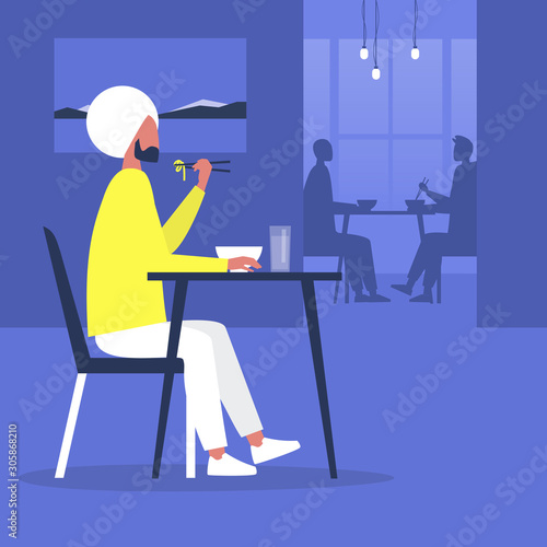 Young indian male character eating noodles with chopsticks inside a modern oriental restaurant, millennial lifestyle, eating out