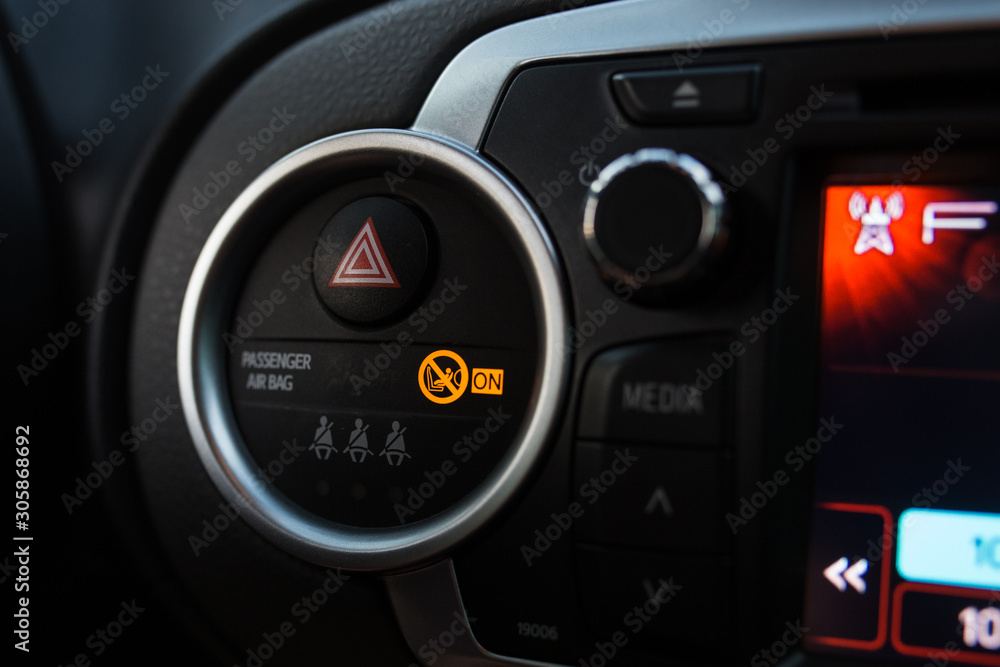 A luminous sign with the inscription included airbag. Traffic safety cars. On. A luminous sign with the inscription included airbag. Traffic safety cars. On.