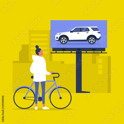 Young female character looking at the billboard with a car dealer commercial, target audience, media campaign