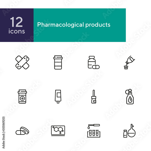 Pharmacological products icon set. Drugstore concept. Vector illustration can be used for topics like apothecary, pharmaceuticals, medicine