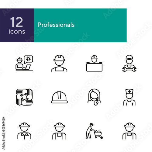Professionals line icon set. Set off line icons on white background. Doctor, engineer, builder. Job concept. Vector illustration can be used for topics like career, sociality, business