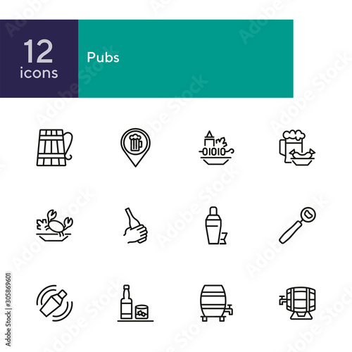 Pubs line icon set. Set of line icons on white background. Cocktail, beer mug, fresh crab. Food concept. Vector illustration can be used for topics like eating, drinking, resting