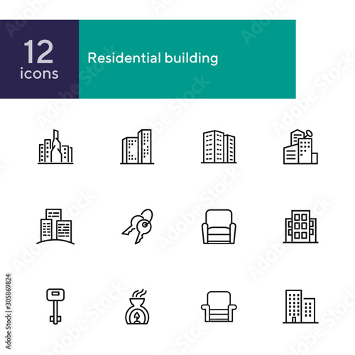 Residential building icons. Set of line icons. Key, residential district, cityscape. Housing development. Vector illustration can be used for topics like mortgage, rent, construction