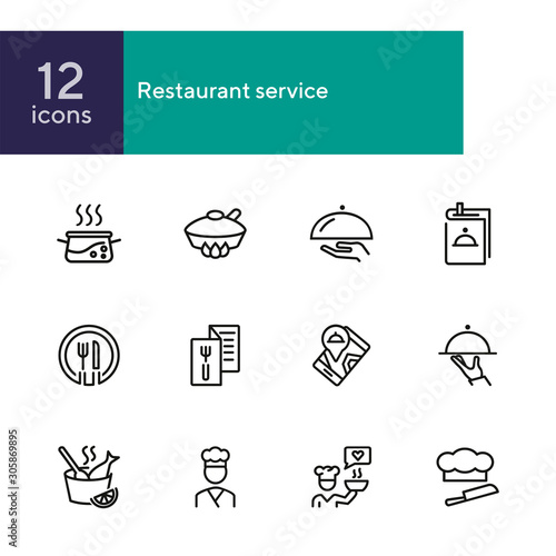Restaurant service line icon set. Set of line icons on white background. Menu, stewpan, plate, chef. Food concept. Vector illustration can be used for topics like eating, drinking, resting