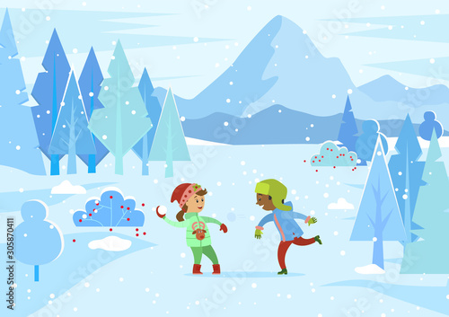 Children having fun at winter park. Boy and girl playing snowball fight outdoors. Kids wearing warm clothes throwing balls made of snow. Game of siblings at holidays or vacations, vector in flat