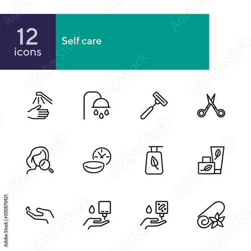 Self care line icon set. Shower, scissors, cream. Beauty care concept. Can be used for topics like hygiene, spa salon, daily routine