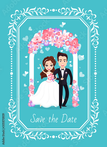 Save date, wedding ceremony of couple, portrait view of married man in woman, smiling bride and groom, invintation blue postcard, romantic day vector