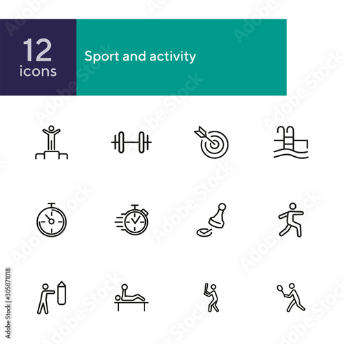 Sport and activity icons. Set of line icons on white background. Stop watch, sportsman. Active lifestyle concept. Vector illustration can be used for topics like competition, swimming, boxing