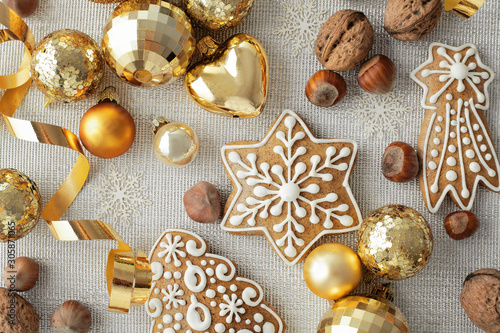 christmas ornaments and gingerbread cookies