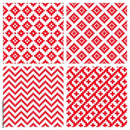 Vector set of red geometric pixel seamless patterns
