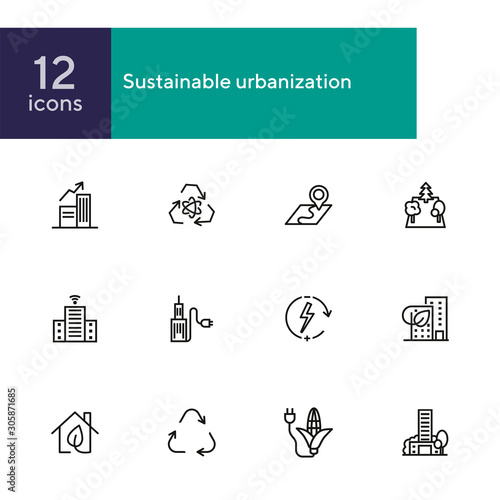 Sustainable urbanization icon set. Line icons collection on white background. City, recycling, consumption. Renewable energy concept. Can be used for topics like environment, engineering, development