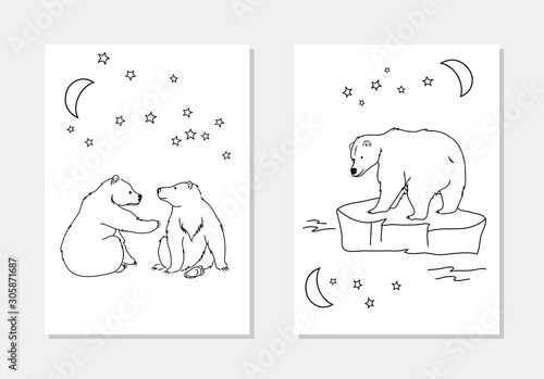 vector polar bear cute animal characters star sky coloring book