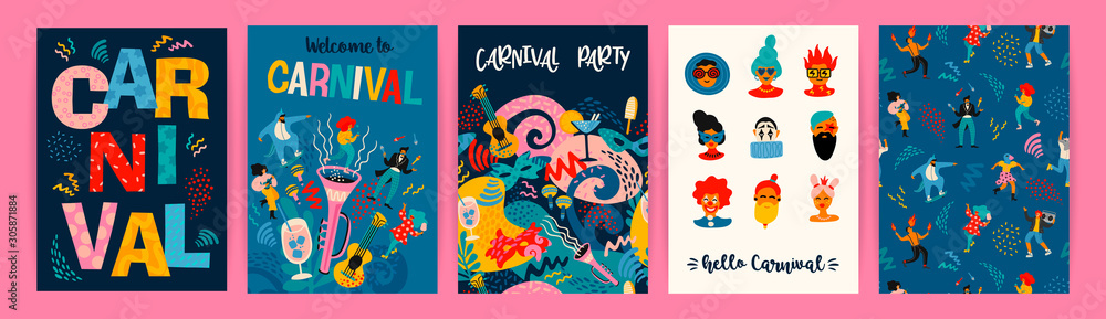 Fototapeta premium Hello Carnival. Vector set of illustrations for carnival concept and other use.