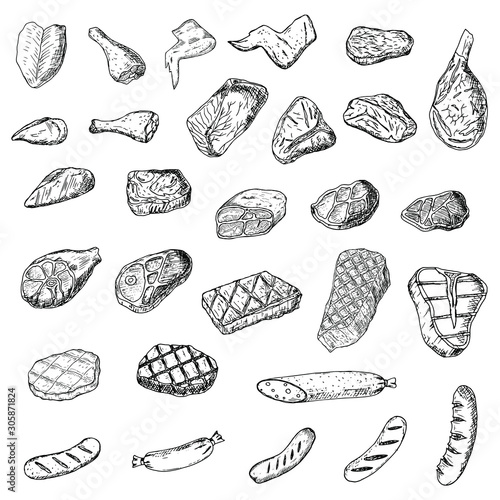 Set of meat and sausages. Raw and grilled food. Vector cartoon illustrations. Isolated objects on a white background. Hand-drawn style.