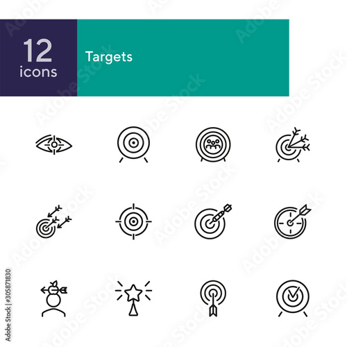 Targets line icon set. Accomplished goal, archery range, award winning. Goal concept. Can be used for topics like focus, goal achieving, darts