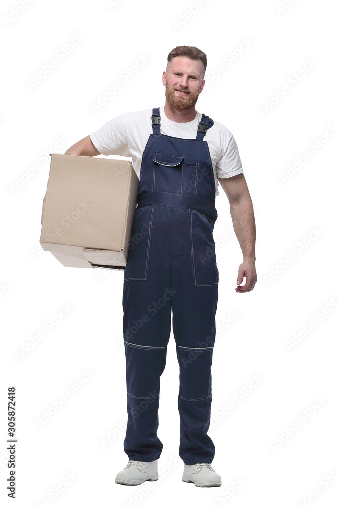 confident man with a cardboard box . isolated on white confident man with a cardboard box . isolated on white