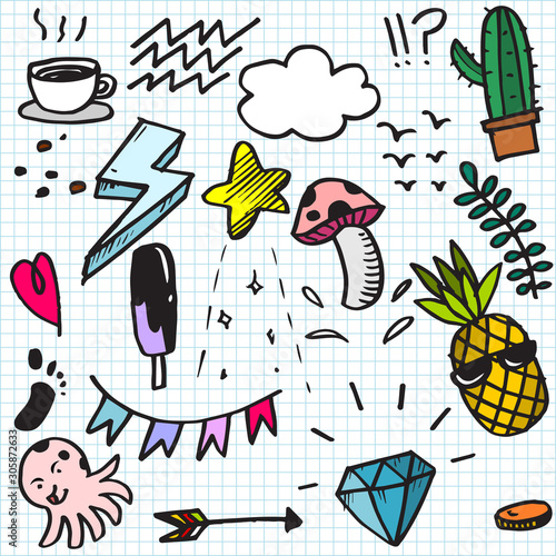 set of colorful cute doodle on paper background
