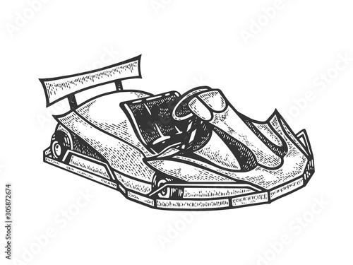 Go kart sport car sketch engraving vector illustration. T-shirt apparel print design. Scratch board imitation. Black and white hand drawn image.