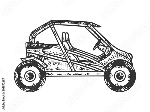 Buggy sport car sketch engraving vector illustration. T-shirt apparel print design. Scratch board imitation. Black and white hand drawn image.