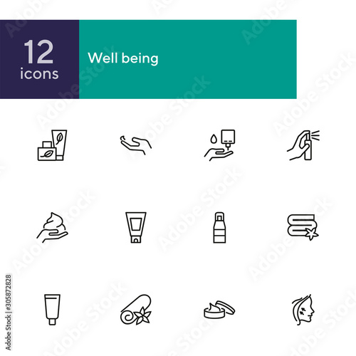 Well being line icon set. Face lifting, facial cream, folded towel. Beautician concept. Can be used for topics like beauty products, spa salon, body care